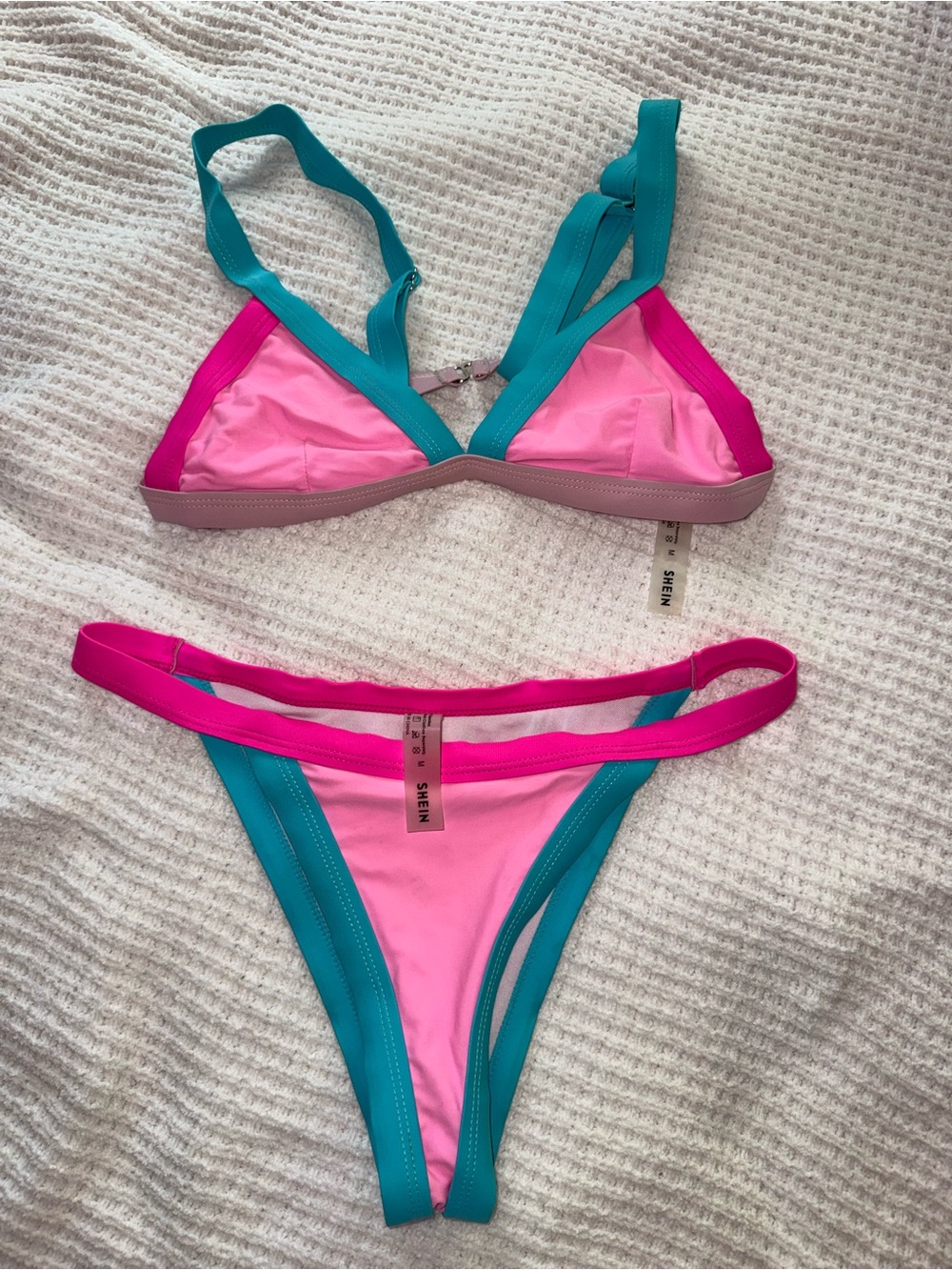 SHEIN Pink and Teal Colorblock Triangle Bikini Set
